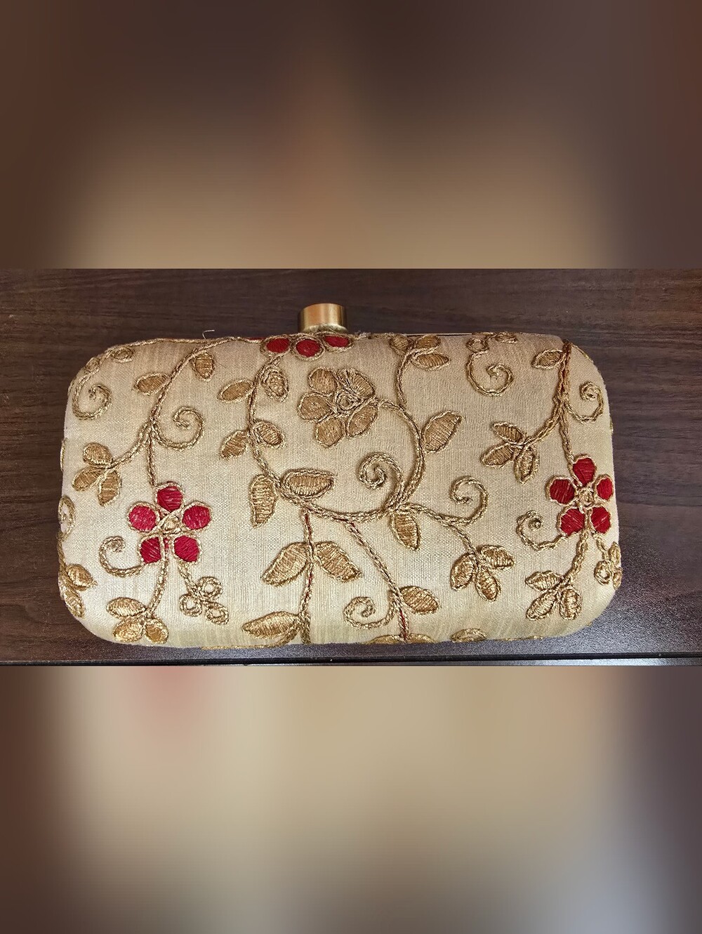 Beige and gold embroidered hard-case Satin evening clutch bag with red floral